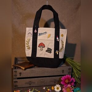 "You're Weird And I Like It" Trendy Black and Tan Tote with Fun Patches And Pins